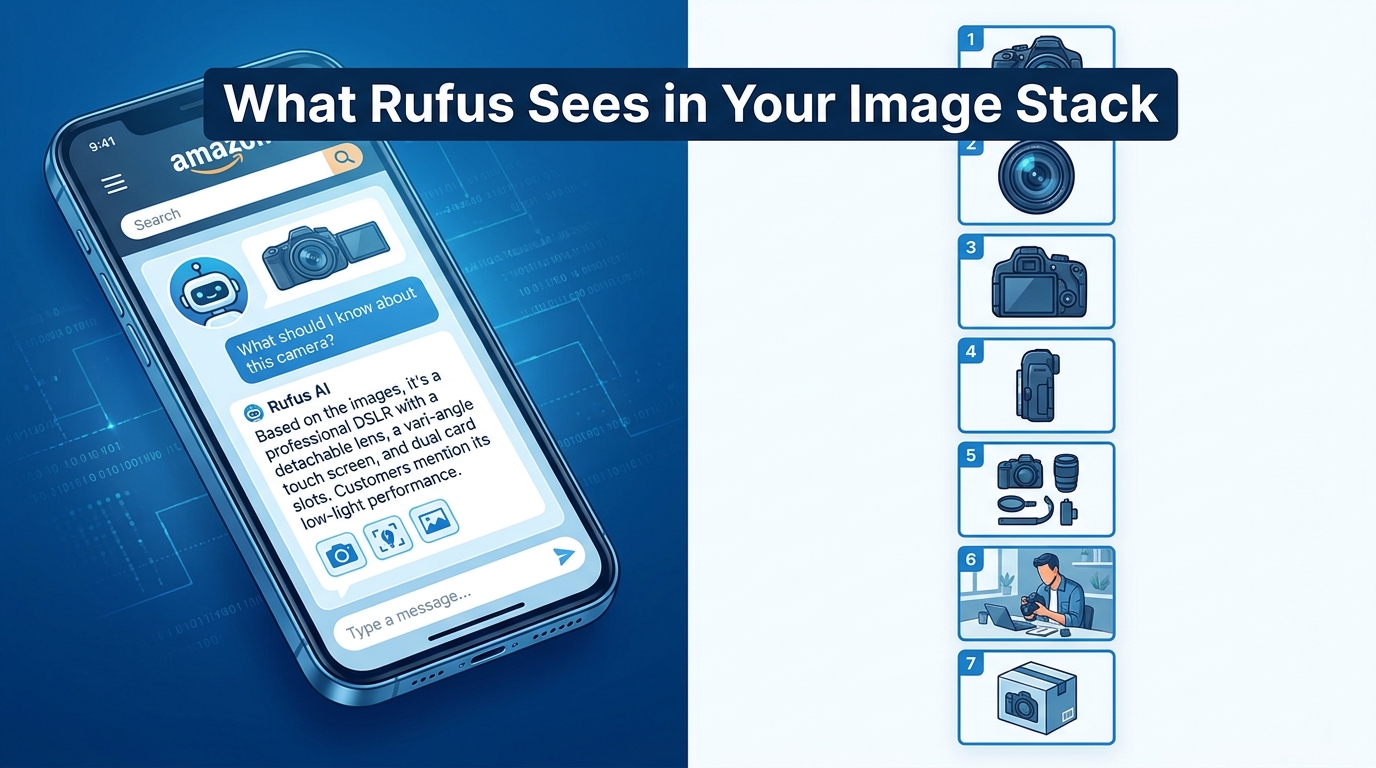 Split-screen showing Amazon Rufus AI on a smartphone alongside a structured 7-frame product image stack — What Rufus Sees in Your Image Stack