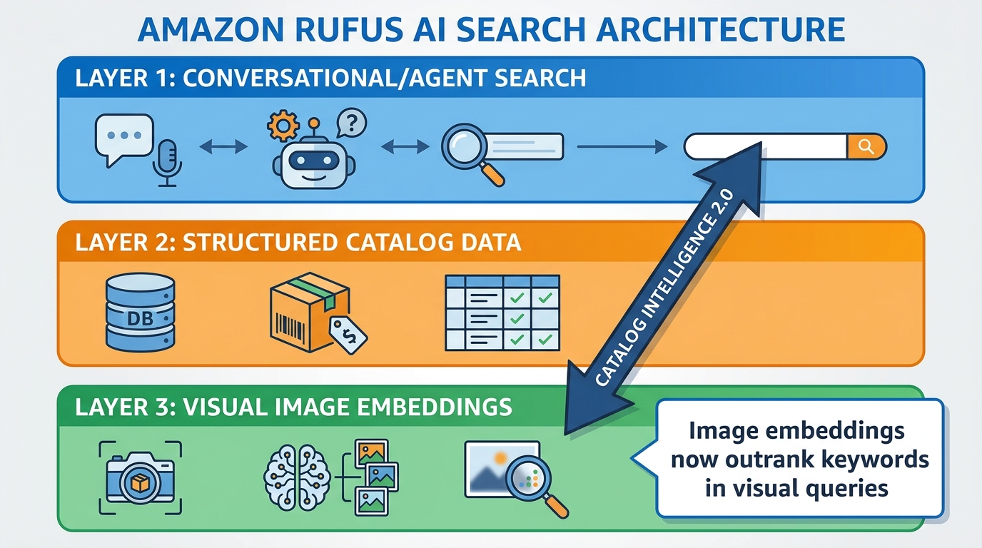 Diagram showing Amazon's three-layer Catalog Intelligence 2.0 search architecture with visual image embeddings as a primary ranking signal