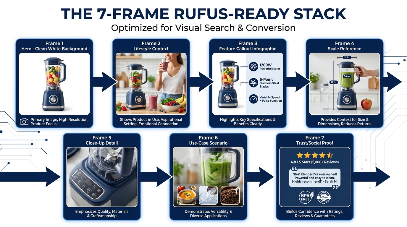 The 7-Frame Rufus-Ready image stack showing all seven frames labeled from Hero to Trust Signal