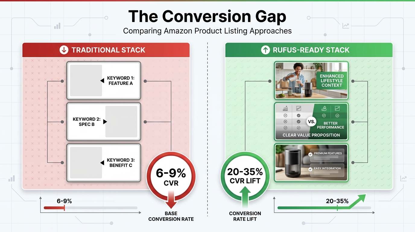 Side-by-side comparison showing Traditional Stack with 6-9% CVR versus Rufus-Ready Stack with 20-35% CVR lift — The Conversion Gap