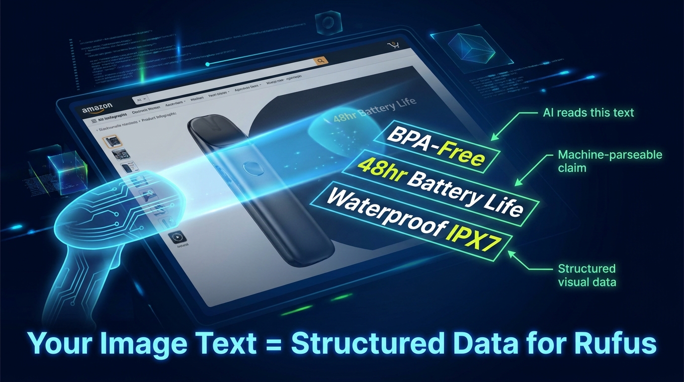 AI scanner reading OCR text from Amazon product infographic image — showing machine-parseable claims like BPA-Free, 48hr Battery Life, Waterproof IPX7