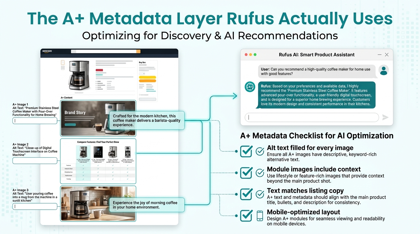A+ content optimization checklist for Rufus showing alt text fields, image description boxes, and connection to Rufus AI chat window