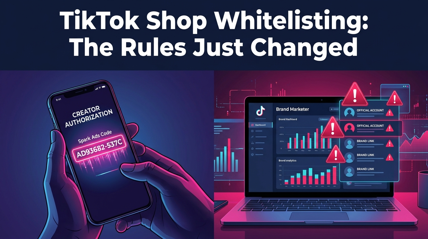 TikTok Shop creator whitelisting policy changes 2026 - split screen showing Spark Ads authorization and brand dashboard