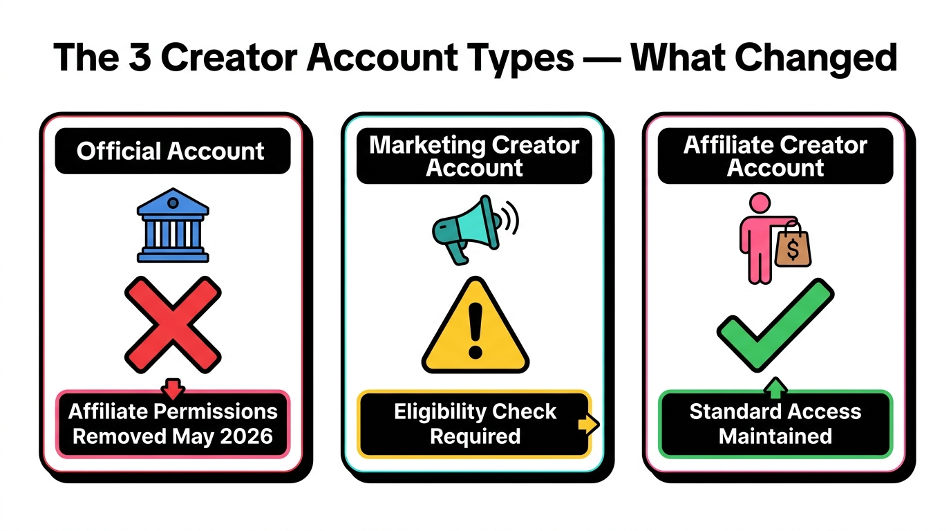 Three TikTok creator account types infographic showing Official Account affiliate permissions removed in May 2026