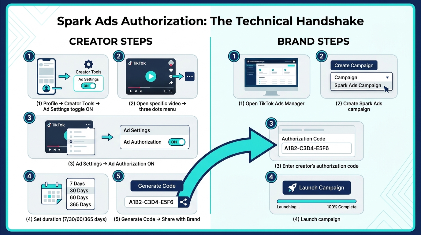 Step-by-step Spark Ads authorization workflow diagram showing creator and brand steps for TikTok whitelisting
