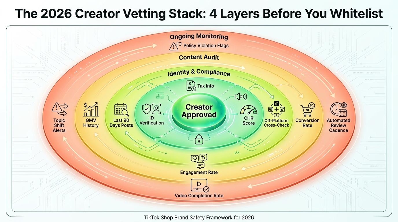 Four-layer creator vetting framework diagram for TikTok Shop brand safety in 2026
