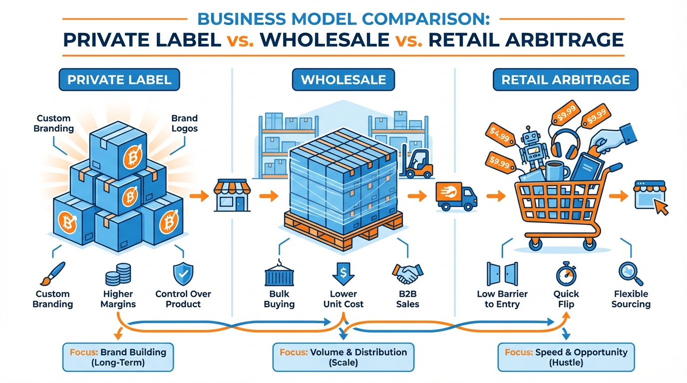 Comparison illustration of private label, wholesale, and retail arbitrage Amazon business models