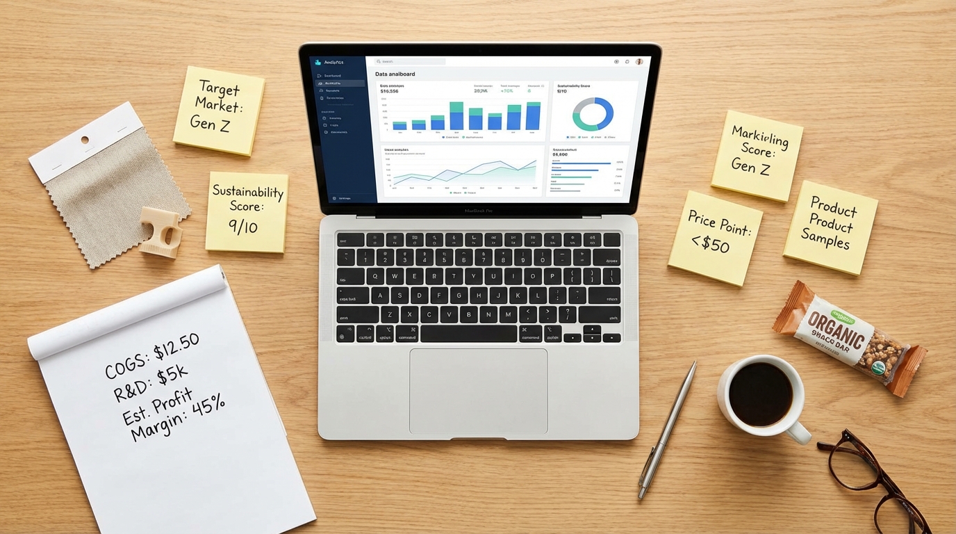 Product research workspace with laptop analytics software, financial calculations, and product samples
