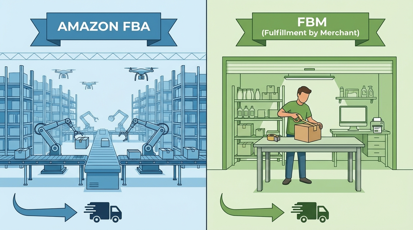 Split illustration comparing Amazon FBA fulfillment center robots with FBM seller packing boxes at home