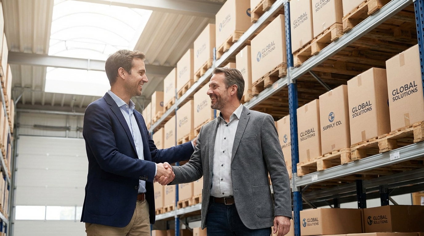 Professional handshake between seller and supplier in a warehouse with branded product pallets