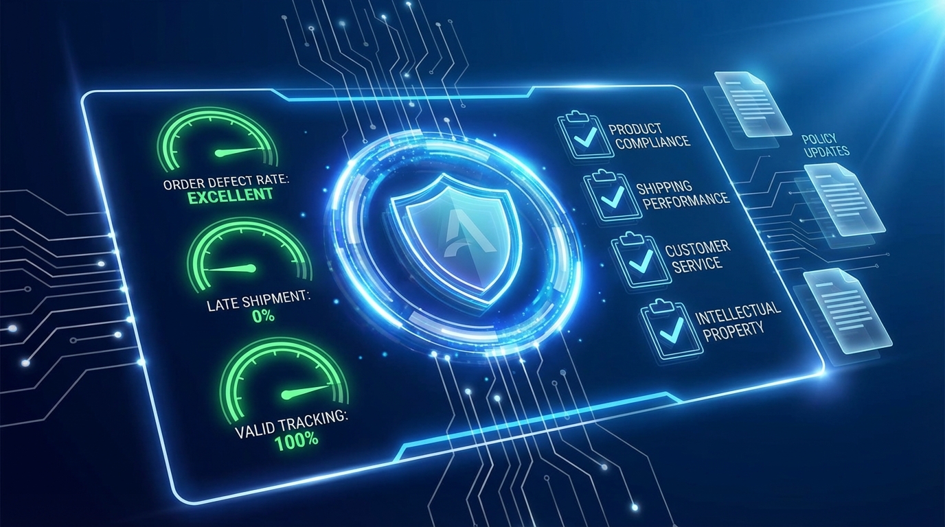 Amazon account health metrics visualization with glowing shield, performance gauges in green, and compliance checklists