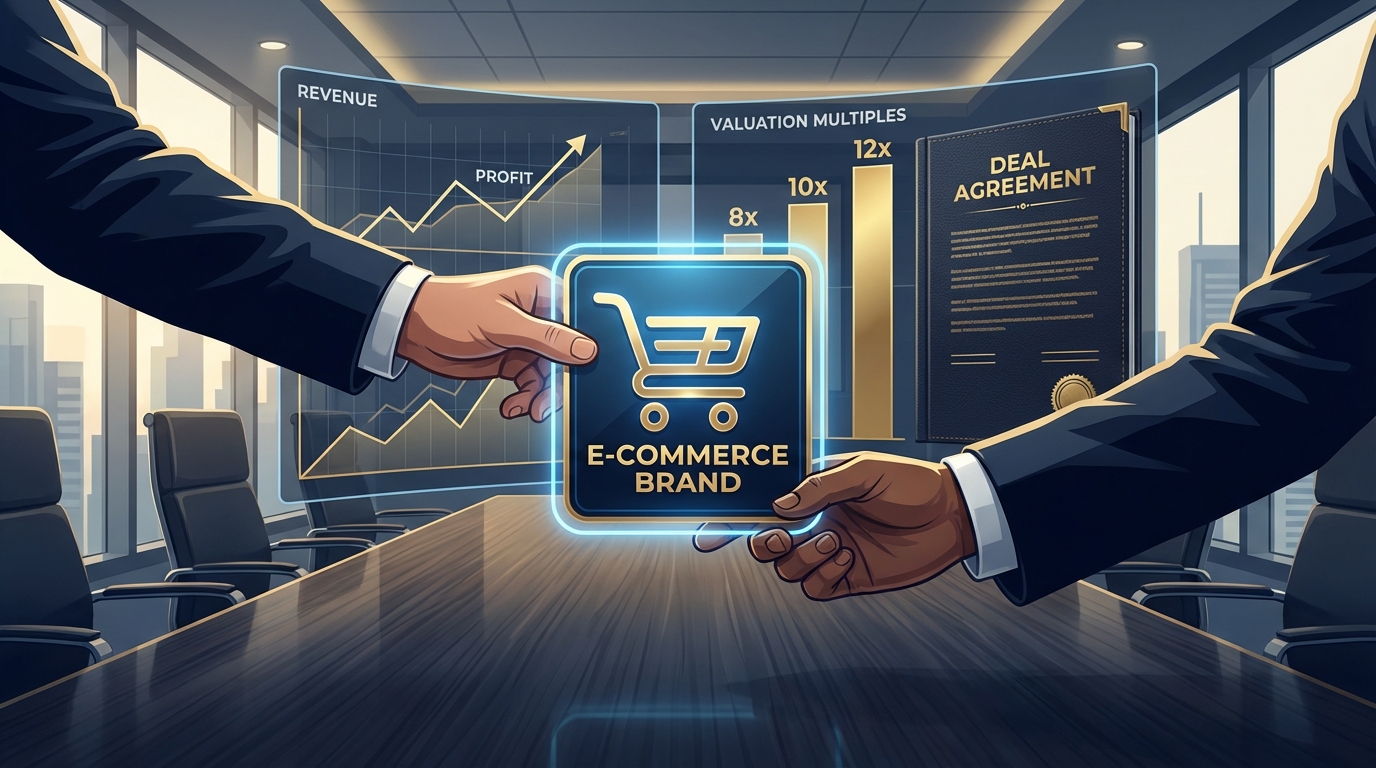 Business exit valuation concept with upward financial charts, valuation multiples, and deal agreement on boardroom table