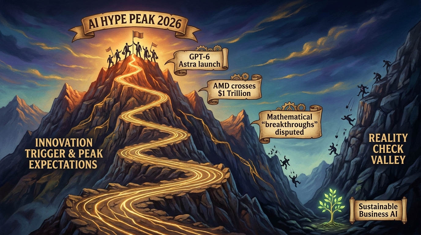 AI hype cycle mountain chart showing 2026 peak with GPT-6 Astra launch and disputed mathematical breakthroughs, with sustainable business AI emerging in the valley