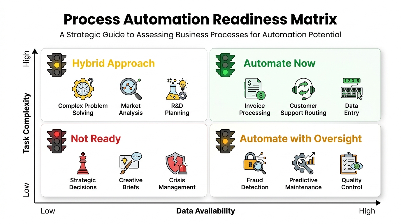Process automation readiness matrix showing which business tasks are ready to automate now versus those requiring human oversight or not ready for AI