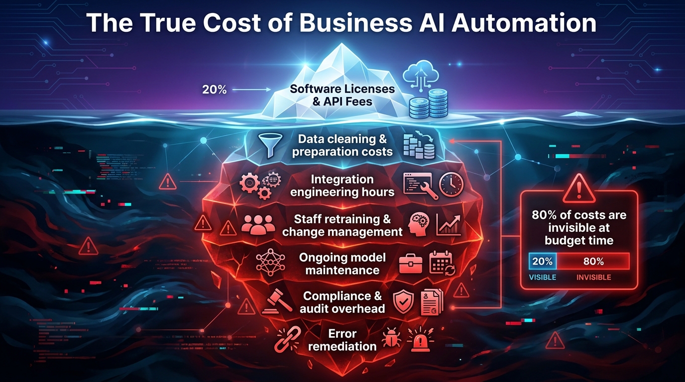 Iceberg infographic showing 80% of AI automation costs are invisible at budget time including data cleaning, integration engineering, staff retraining and compliance overhead