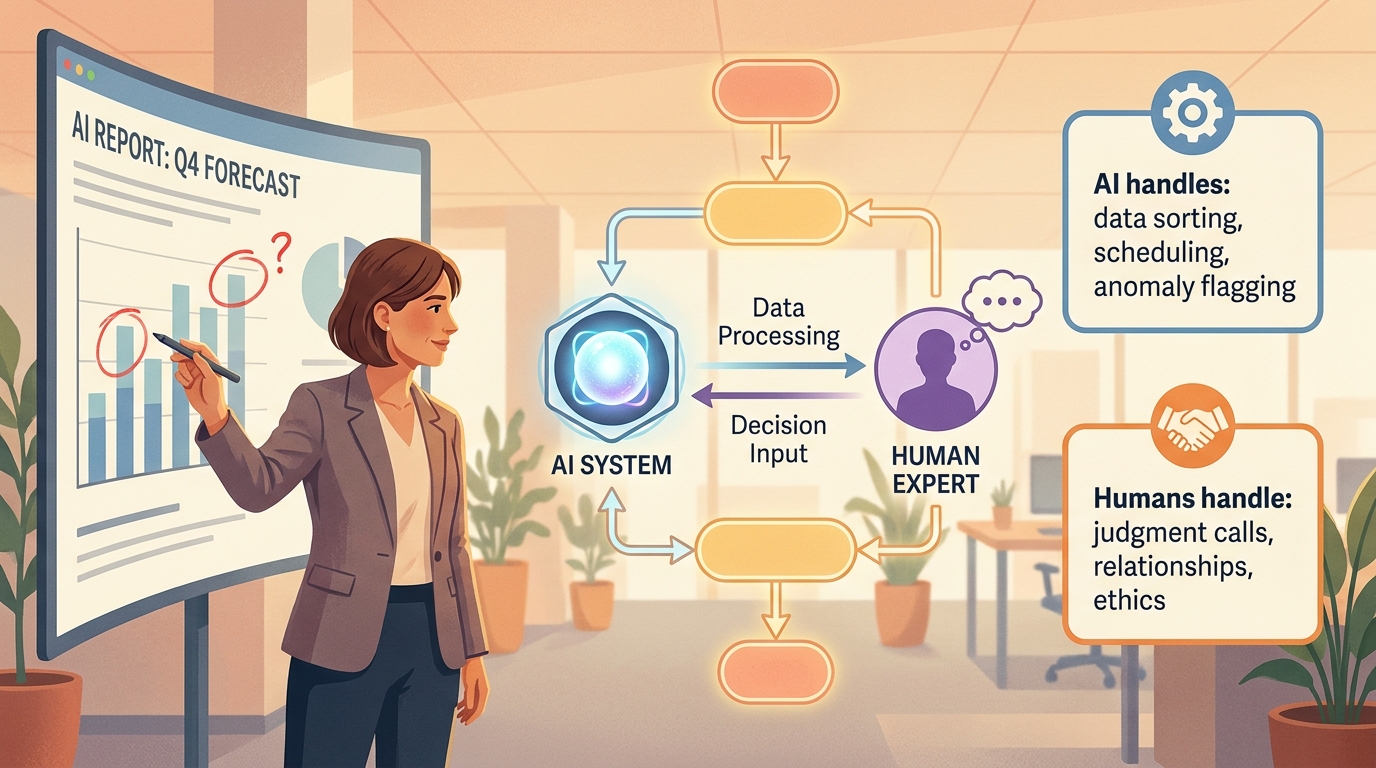 Human-AI collaboration in modern office: manager reviewing AI-generated reports with annotations, flowchart showing task handoffs between AI and human workers