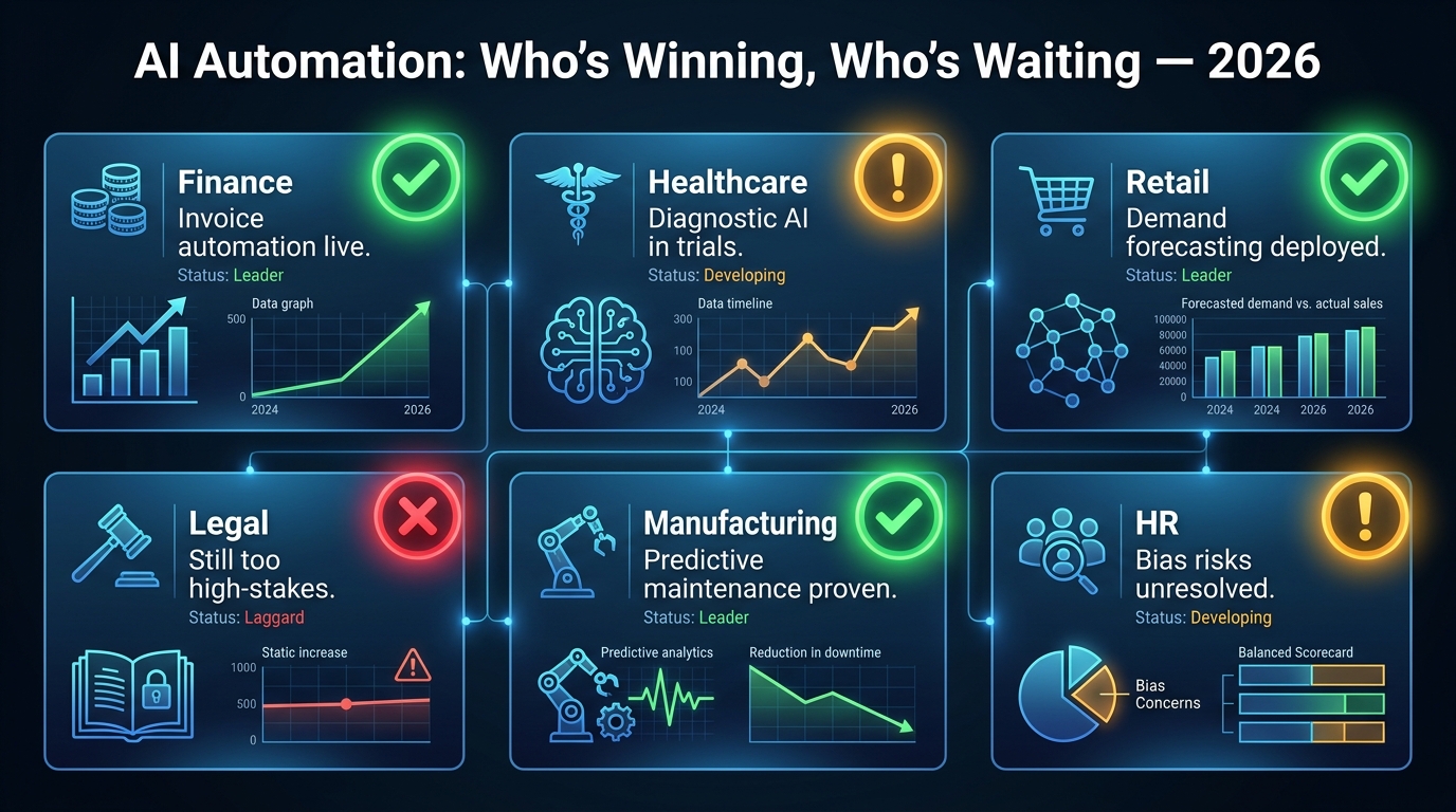 AI automation sector comparison infographic showing Finance and Manufacturing winning, Healthcare and HR requiring caution, and Legal still facing high-stakes barriers in 2026