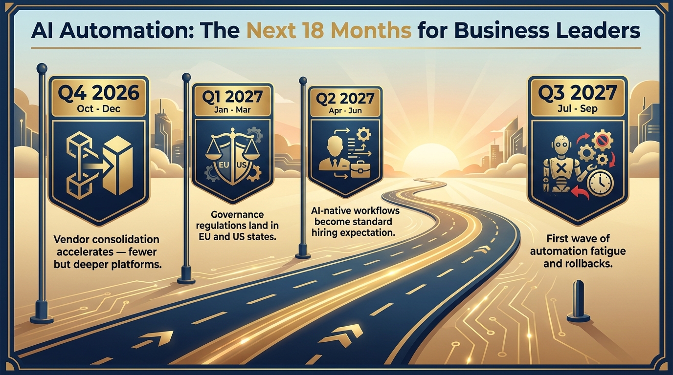 AI automation roadmap timeline for business leaders through 2027 showing vendor consolidation, governance regulations, AI-native hiring expectations and first automation rollbacks