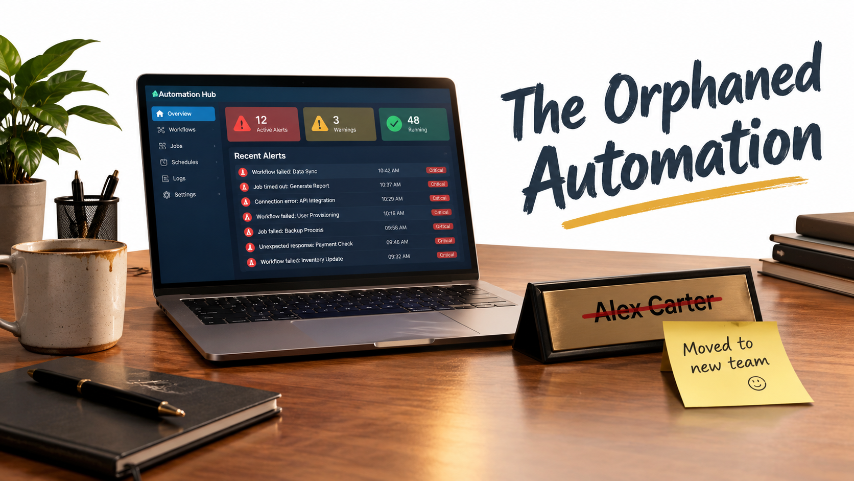 Empty office desk with a laptop showing piling automation alerts and a crossed-out nameplate, labeled The Orphaned Automation