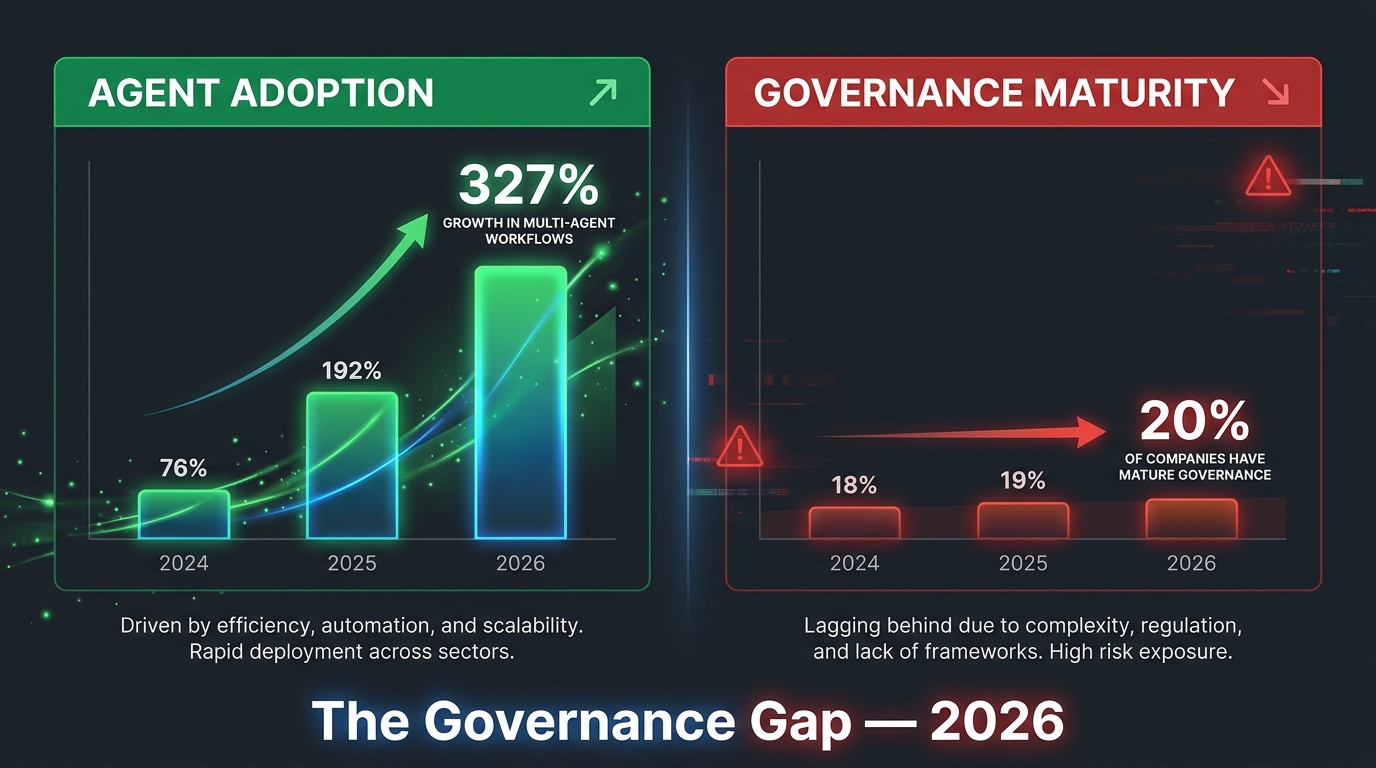 Infographic comparing 327% growth in multi-agent workflows against only 20% governance maturity in enterprises — illustrating the 2026 governance gap