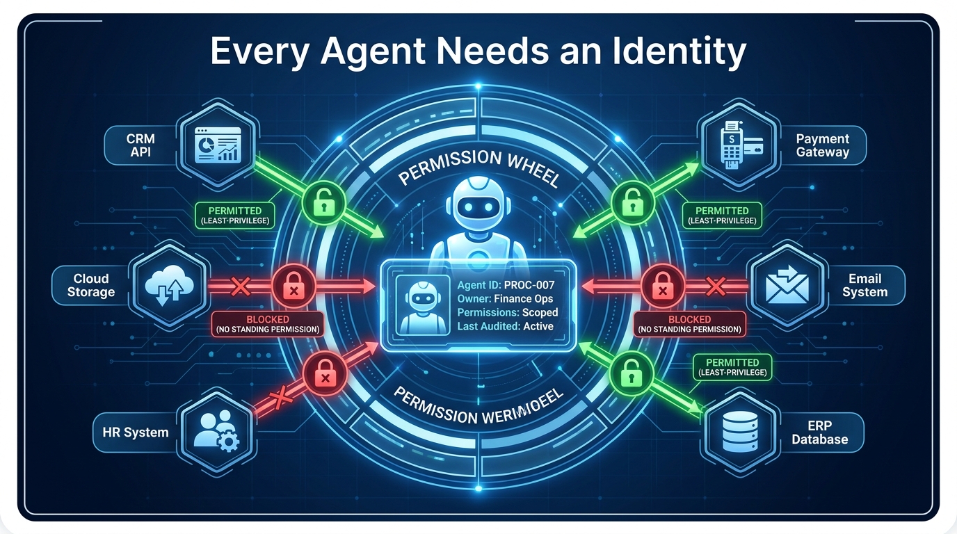 Diagram showing an AI agent with a unique identity badge at the center of a permission wheel, with green-locked and red-locked connections to various enterprise APIs and systems