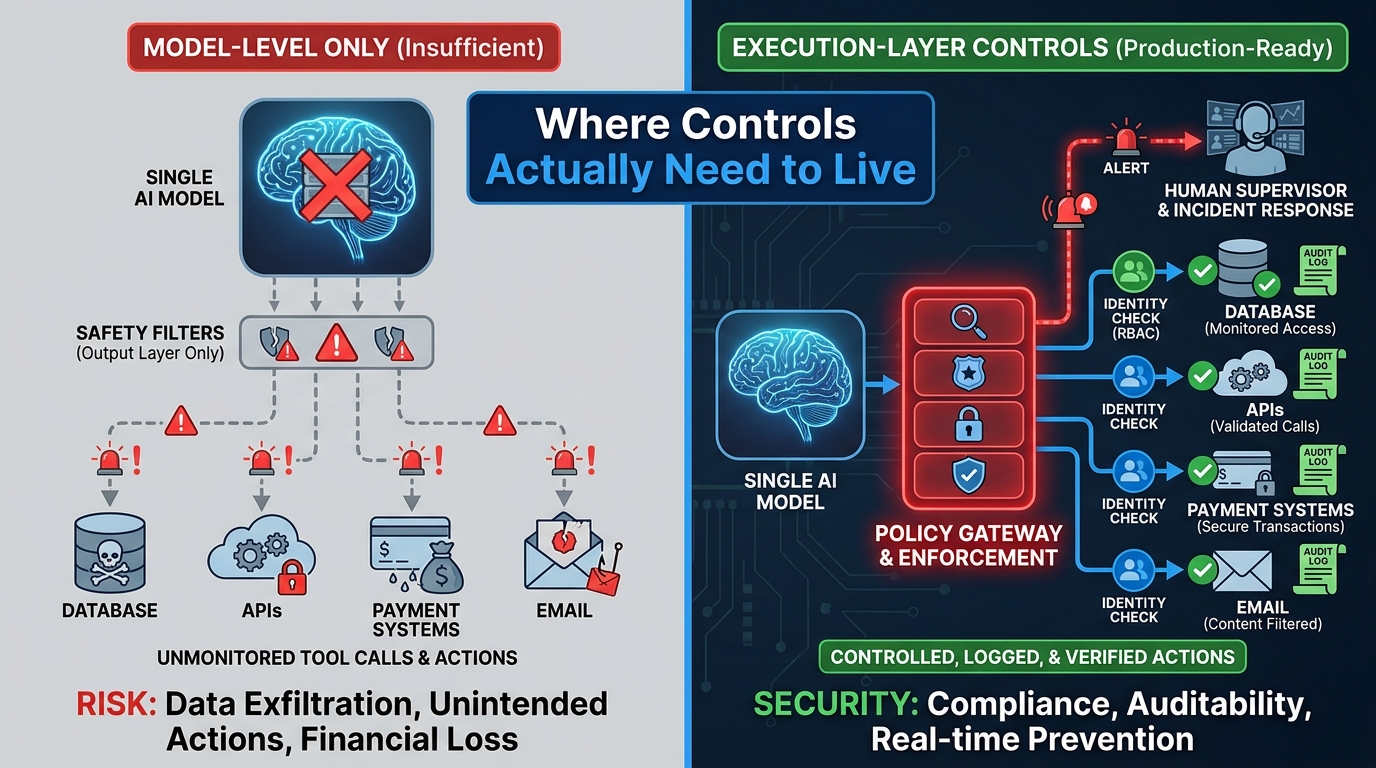 Architecture comparison showing model-level controls only (insufficient) versus execution-layer controls with policy gateway, audit logs, and identity checks on every tool call (production-ready)