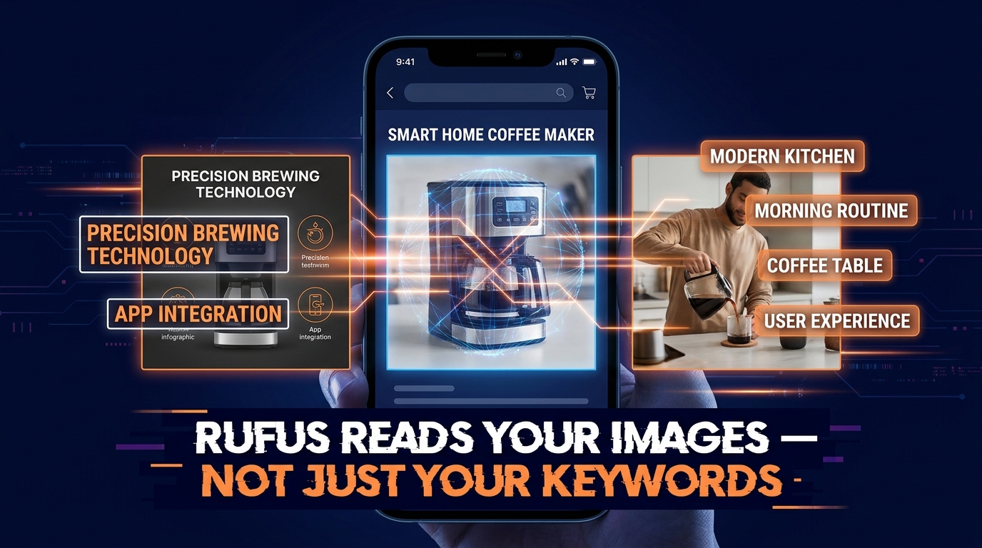 Amazon Rufus AI scanning product listing images as data sources — hero image showing AI vision lines reading main images, infographics, and lifestyle photos