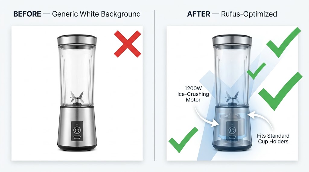 Before and after comparison of Amazon product main image optimization for Rufus AI — generic white background versus Rufus-optimized version with callout text overlays