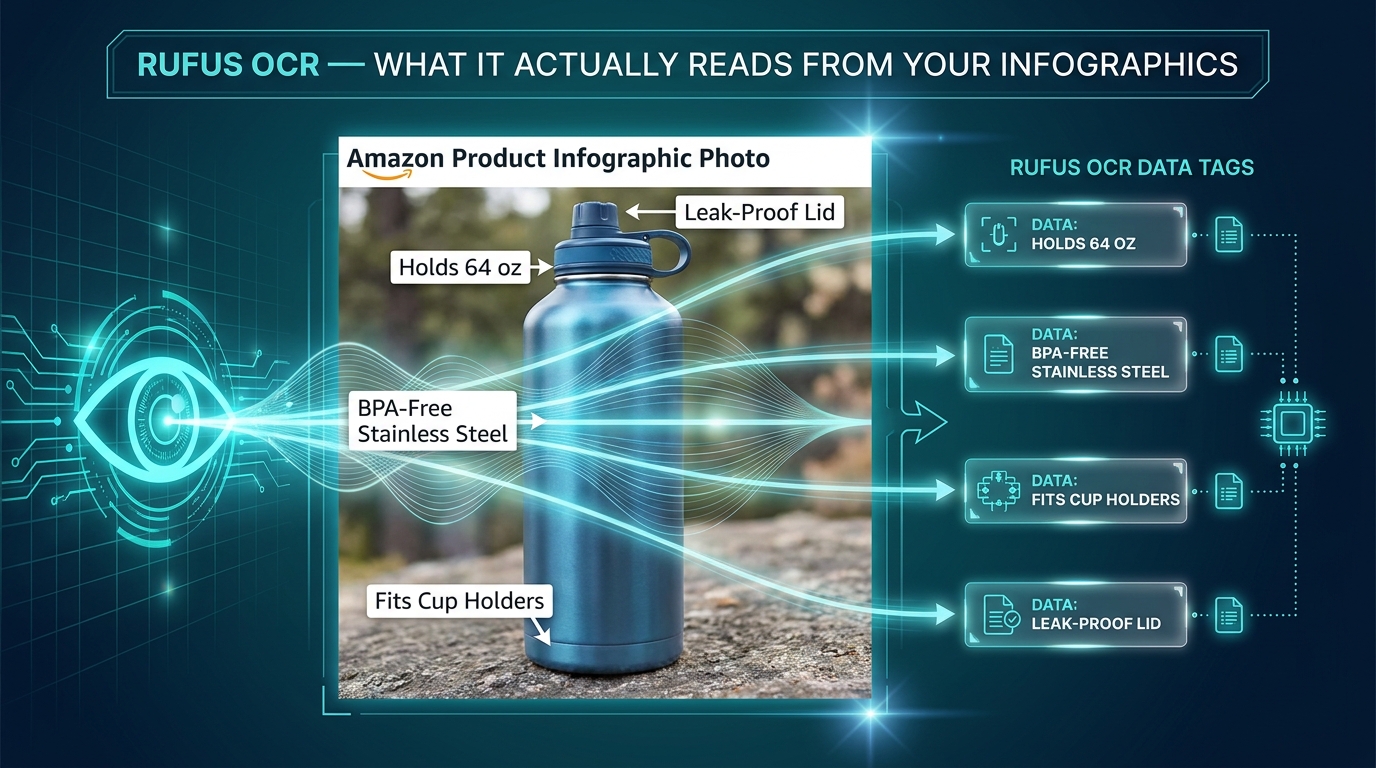 Rufus OCR scanning an Amazon product infographic water bottle image, extracting text overlays like Holds 64 oz, BPA-Free Stainless Steel, Fits Cup Holders as data tags