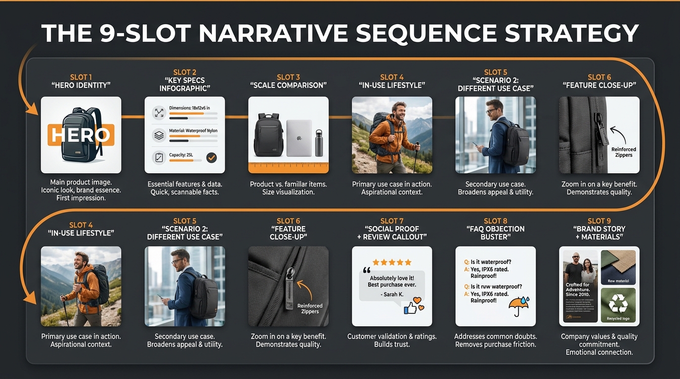 Amazon 9-slot image gallery narrative sequence strategy showing story arc from Hero Identity through Key Specs, Scale Comparison, Lifestyle Use Cases, Feature Close-Up, Social Proof, FAQ, and Brand Story
