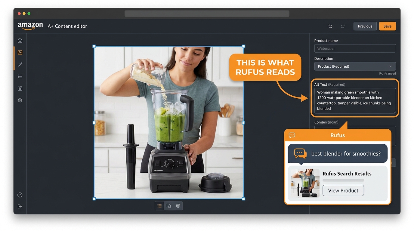 Amazon A+ Content editor mockup showing a highlighted alt text input field with a detailed Rufus-optimized description, with a callout bubble reading THIS IS WHAT RUFUS READS