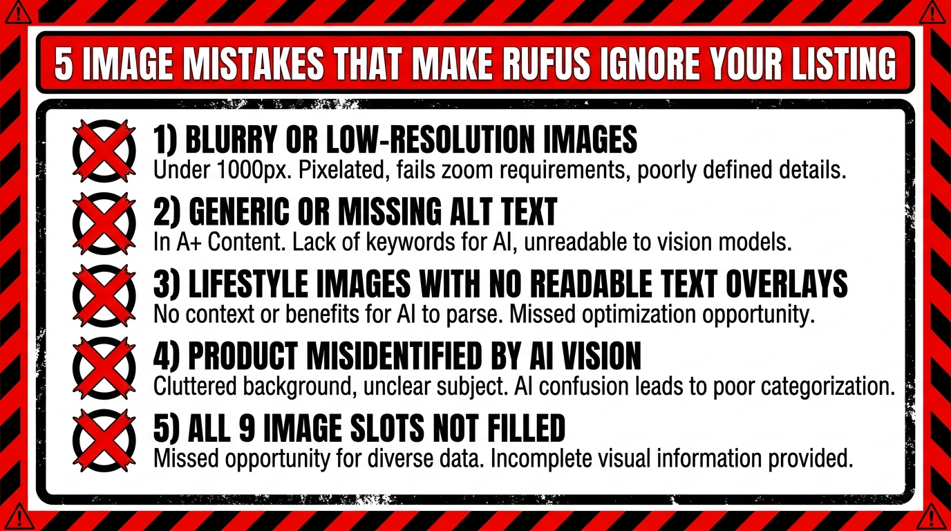 Warning infographic showing 5 image mistakes that make Rufus ignore your Amazon listing — blurry images, missing alt text, no readable text overlays, cluttered backgrounds, unfilled image slots