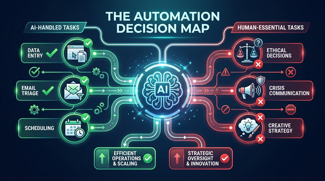 The Automation Decision Map — AI decision tree showing what tasks AI handles well versus where human judgment is required