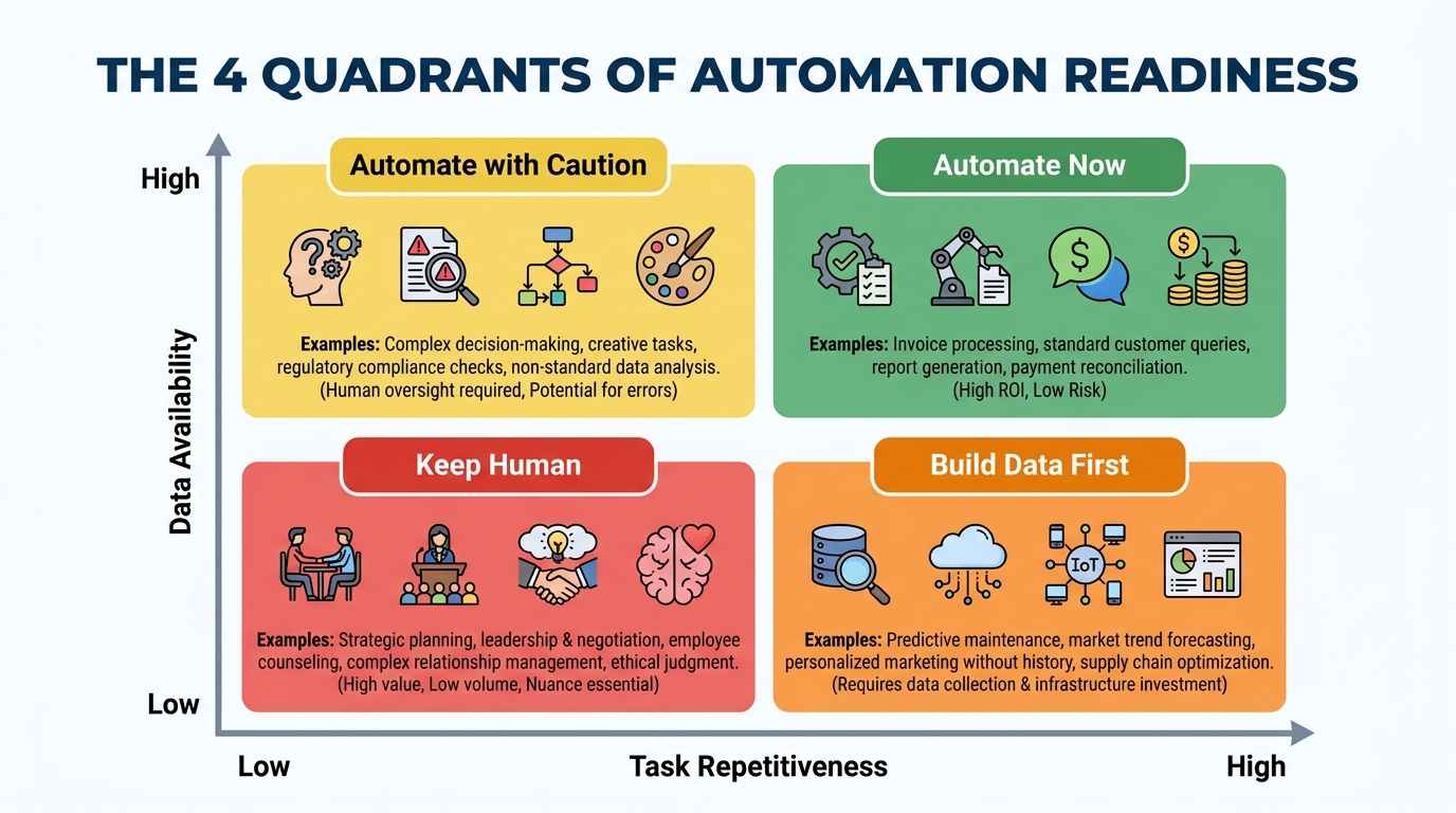 The 4 Quadrants of Automation Readiness matrix — plotting task repetitiveness against data availability
