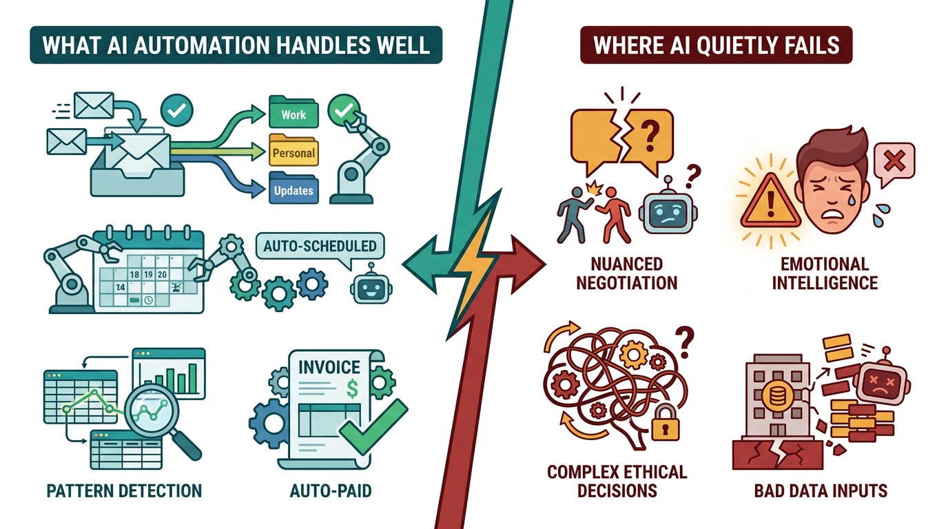 Split-screen comparison showing what AI automation handles well versus where it quietly fails across business functions