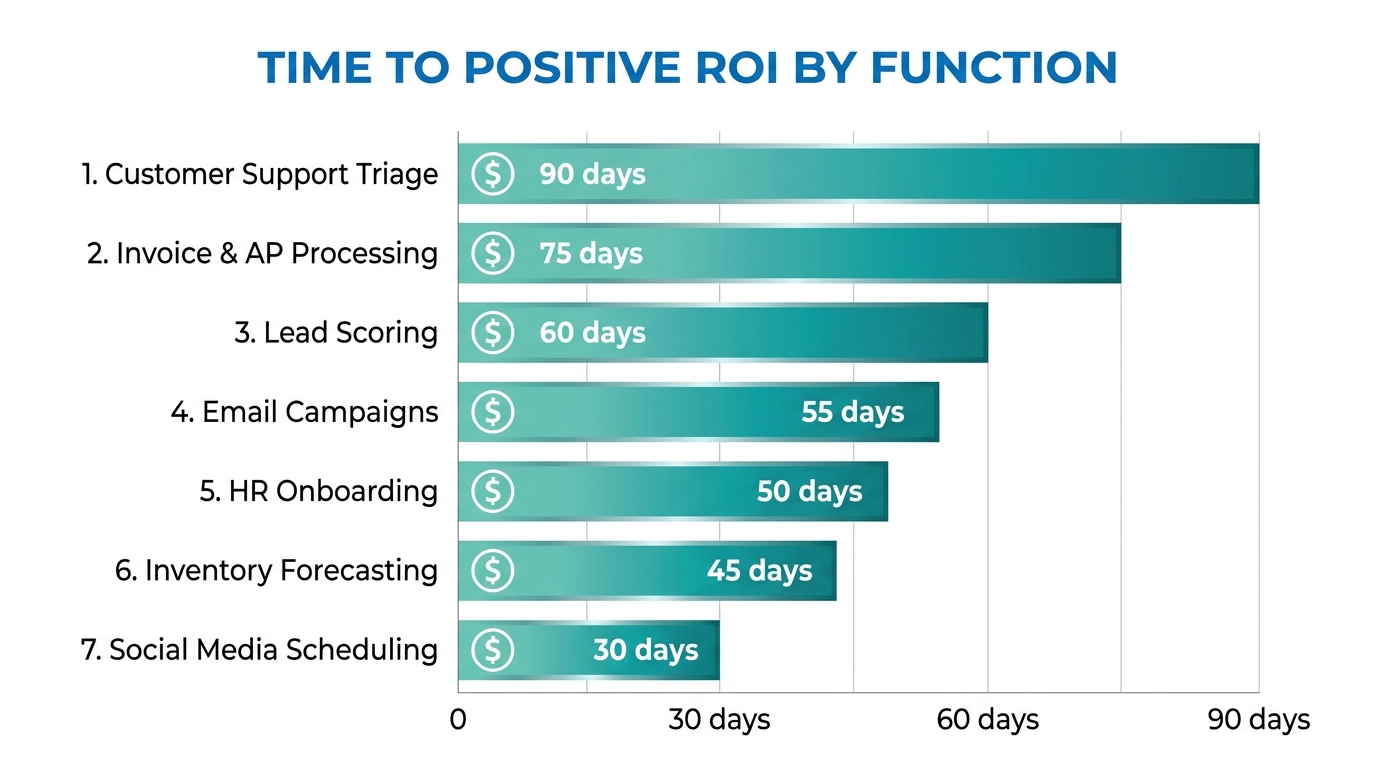 Bar chart showing the top 7 business functions ranked by time-to-positive-ROI for AI automation