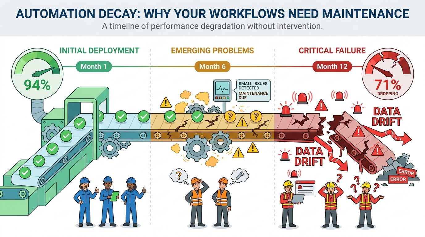 Automation decay timeline illustration showing workflow degradation from Month 1 through Month 12 with data drift and model performance decline