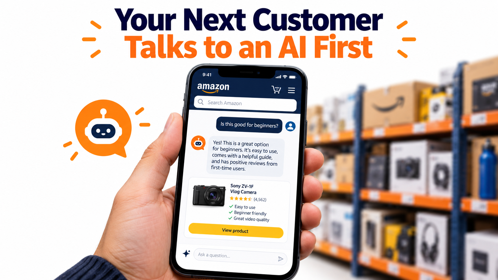 Smartphone showing an Amazon shopping app with an AI assistant answering a shopper's question about whether a product is good for beginners