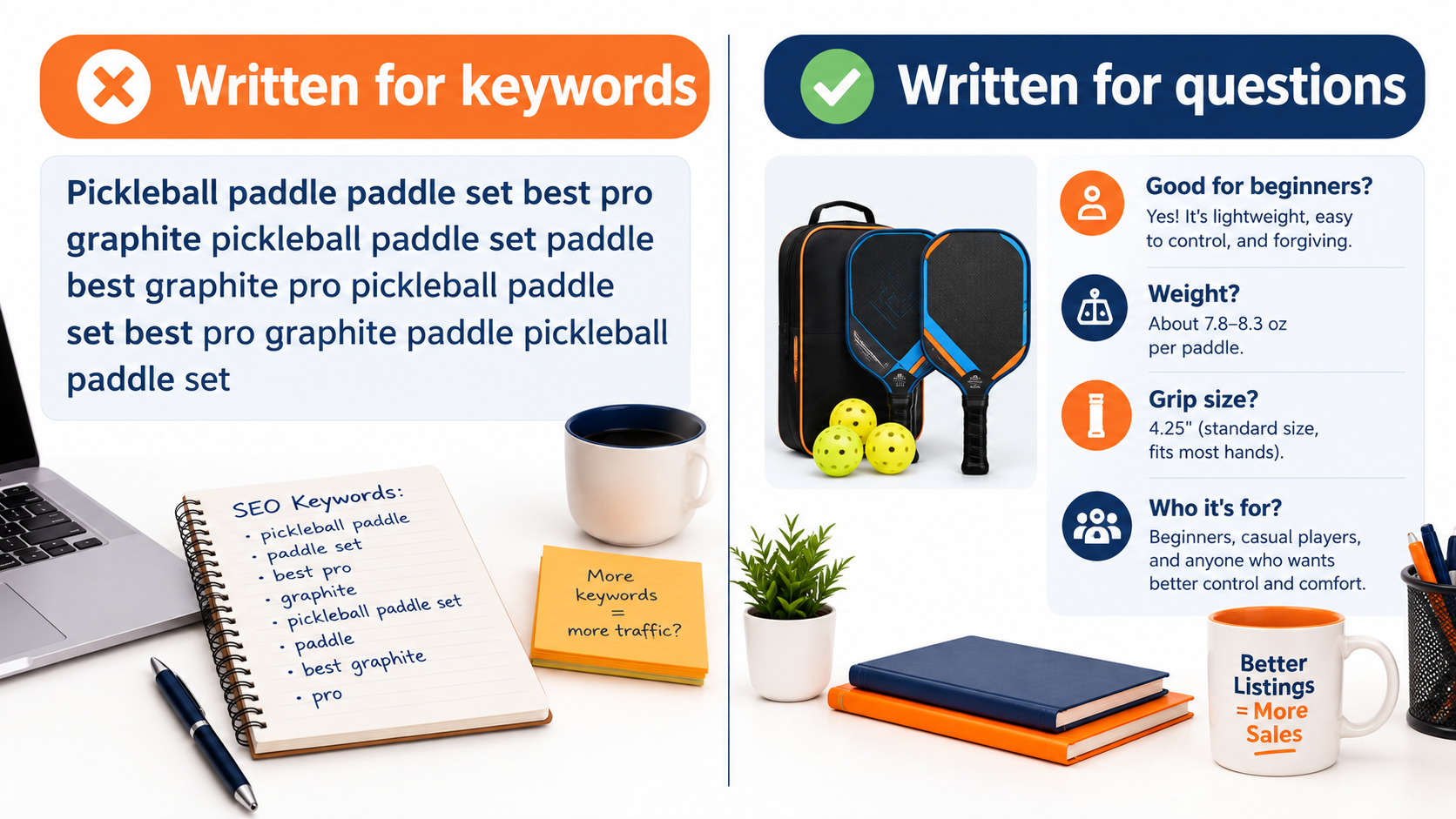 Split comparison showing a keyword-stuffed product title versus clear bullet points that answer shopper questions about beginners, weight, and grip size
