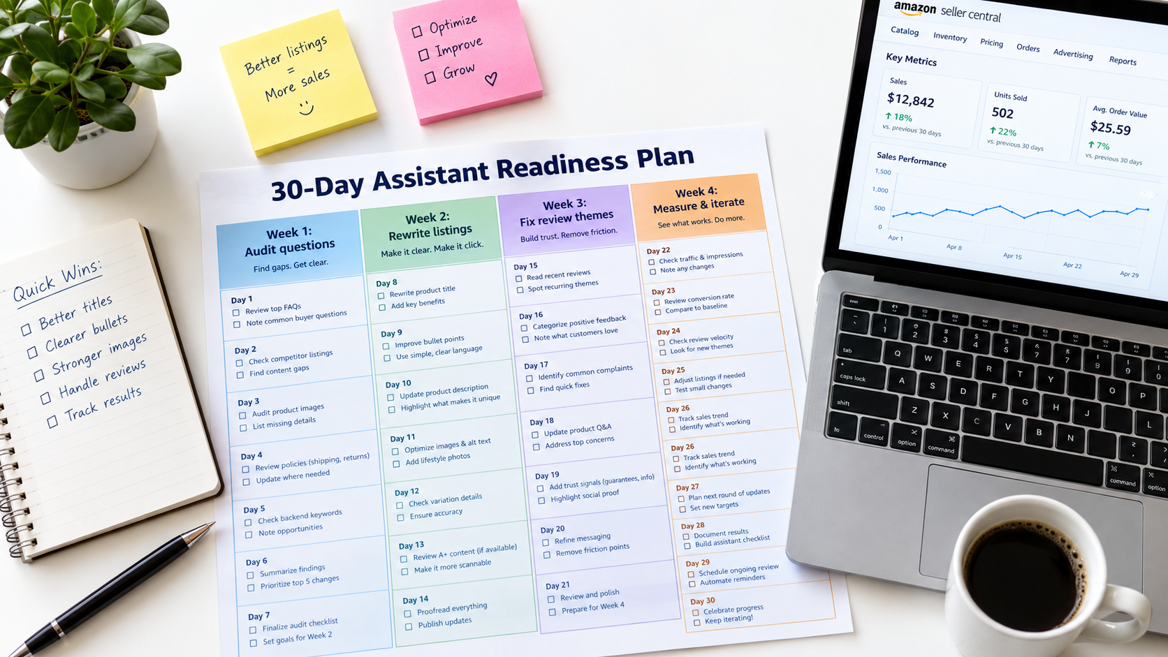 Seller desk with a printed 30-day assistant readiness plan covering question audits, listing rewrites, review theme fixes, and measurement