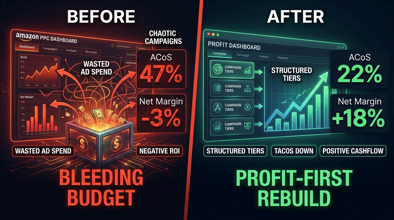 Amazon PPC account before and after rebuild showing ACoS improvement from 47% to 22% and net margin from -3% to +18%
