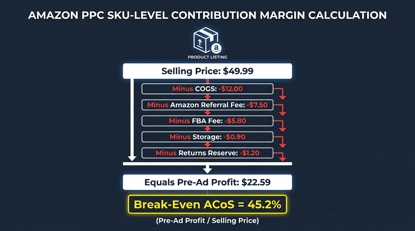 SKU-level contribution margin calculation waterfall chart showing break-even ACoS of 45.2% on a $49.99 product after all Amazon fees and costs