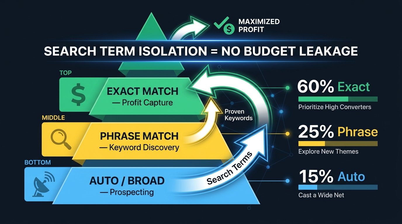 Amazon PPC three-tier campaign architecture pyramid showing exact match profit capture at 60%, phrase match discovery at 25%, and auto prospecting at 15%