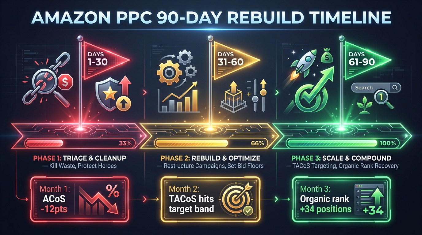 Amazon PPC 90-day rebuild timeline showing three phases: Triage and Cleanup (Days 1-30), Rebuild and Optimize (Days 31-60), and Scale and Compound (Days 61-90) with metric improvements