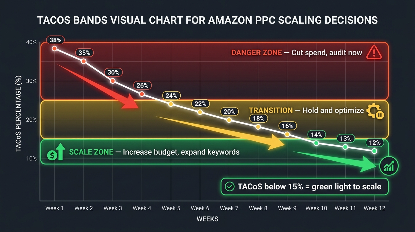 TACoS bands chart showing Amazon PPC account journey from 38% danger zone through 15-25% transition zone down to 8-15% scale zone with scaling decision trigger below 15%