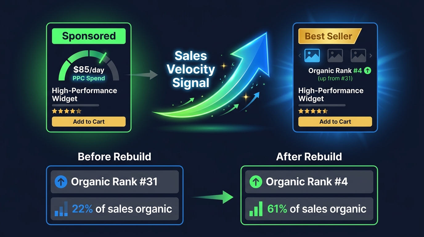 Amazon PPC organic halo effect showing product moving from sponsored rank to organic rank 4 with organic sales percentage improving from 22% to 61%