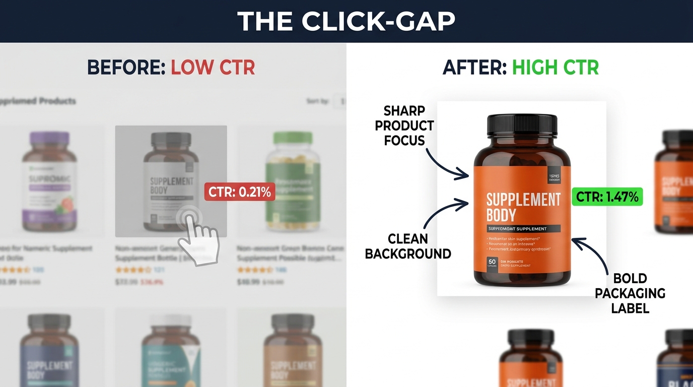 Split-screen comparison showing a low-CTR product thumbnail at 0.21% versus an optimized image at 1.47% CTR, illustrating the click-gap problem in ecommerce listings