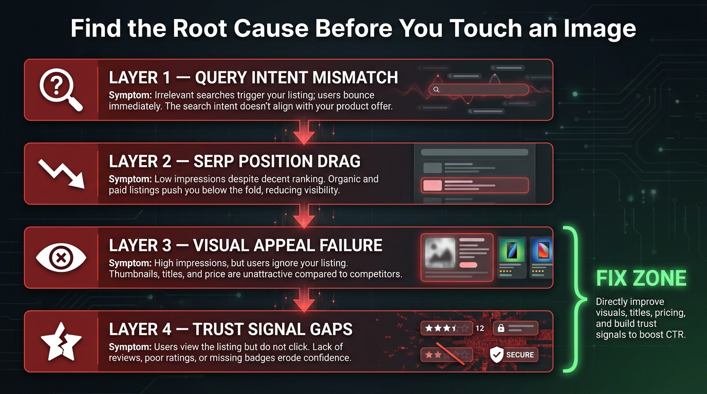 Four-layer CTR diagnostic framework infographic showing how to identify root causes of low click-through rate before making any image changes