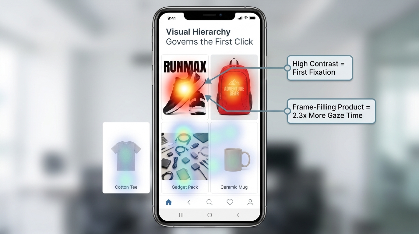 Eye-tracking heatmap on a mobile ecommerce search grid showing how high-contrast, frame-filling product thumbnails attract 2.3x more gaze time than cluttered or small-product images