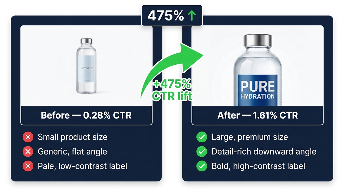 Before-and-after product thumbnail comparison showing a water bottle with 0.28% CTR versus optimized version at 1.61% CTR, demonstrating hero image anatomy improvements